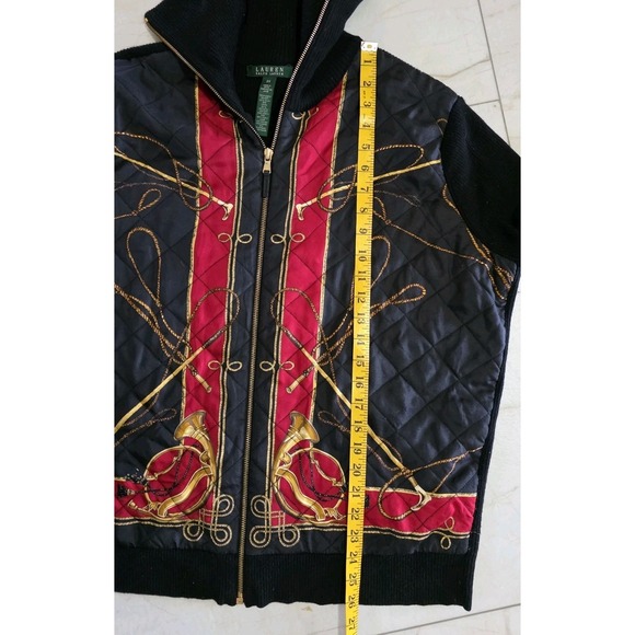 Lauren Ralph Lauren Quilted Equestrian Jacket Sweater 3X Zip Black Red Gold - Picture 8 of 11
